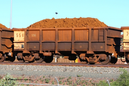 0556 210322 9393
Robe River ore waggon 556, built by Tomlinson Steel WA, fixed coupler non-handbrake side loaded view at Cape Lambert yard, March 22, 2021.
Keywords: 556;Tomlinson-Steel-WA;Robe-ore-waggon;