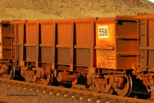 0558 060722 7611
Robe River ore waggon 558, built by Tomlinson Steel WA, rotary coupler end handbrake side empty view, at the 11.7 km, Cape Lambert. July 22, 2006.
Keywords: 558;Tomlinson-Steel-WA;Robe-ore-waggon;
