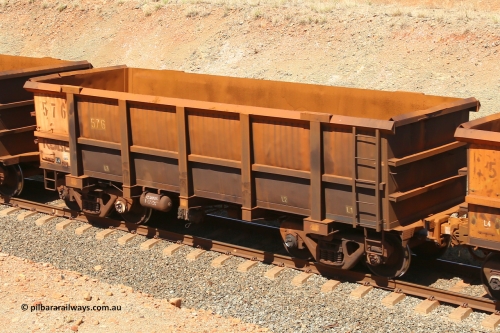 0576 160306 1246
Robe River ore waggon 576, built by Tomlinson Steel WA, fixed coupler non-handbrake side empty view at Greenpool on the Cape Lambert line. March 6, 2016.
Keywords: 576;Tomlinson-Steel-WA;Robe-ore-waggon;