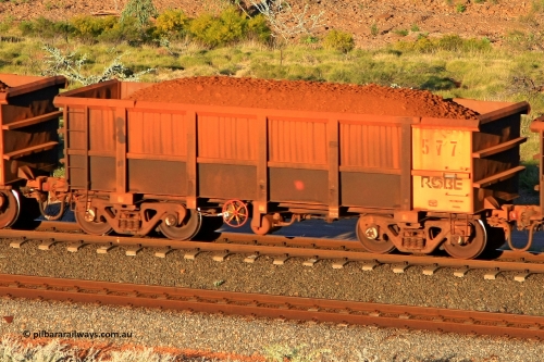 0577 110602 1735
Robe River ore waggon 577, built by Tomlinson Steel WA, rotary coupler end handbrake side loaded view at the 71 km, Western Creek on the Deepdale line. June 2, 2011.
Keywords: 577;Tomlinson-Steel-WA;Robe-ore-waggon;