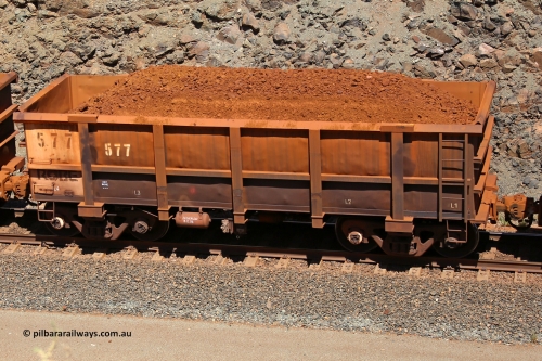 0577 160306 1648
Robe River ore waggon 577, built by Tomlinson Steel WA, fixed coupler non-handbrake side loaded view, at the 45 km, Harding Siding on the Cape Lambert line. March 6, 2016.
Keywords: 577;Tomlinson-Steel-WA;Robe-ore-waggon;