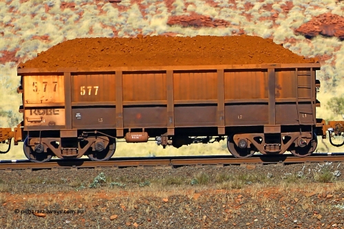 0577 170728 09930
Robe River ore waggon 577, built by Tomlinson Steel WA, non-handbrake side loaded view at the 72 km, Western Creek on the Deepdale line. July 28, 2017.
Keywords: 577;Tomlinson-Steel-WA;Robe-ore-waggon;