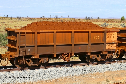 0577 170729 0245
Robe River ore waggon 577, built by Tomlinson Steel WA, fixed coupler handbrake side loaded view at the 103 km, between Maitland Siding and the Fortescue River on the Deepdale line. July 29, 2017.
Keywords: 577;Tomlinson-Steel-WA;Robe-ore-waggon;