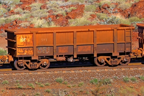 0581 180616 1714
Robe River ore waggon 581, built by Tomlinson Steel WA, rotary coupler end non-handbrake side empty view at the 38 km, Harding on the Cape Lambert line, June 16, 2018.
Keywords: 581;Tomlinson-Steel-WA;Robe-ore-waggon;