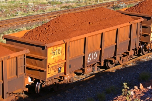 0610 210322 9693
Robe River ore waggon 610, built by Tomlinson Steel WA, rotary coupler end non-handbrake side loaded view at the 17 km on the Cape Lambert line, March 22, 2021.
Keywords: 610;Tomlinson-Steel-WA;Robe-ore-waggon;