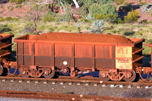 0611 110602 1638
Robe River ore waggon 611, built by Tomlinson Steel WA, rotary coupler end handbrake side loaded view at the 71 km, Western Creek on the Deepdale line. June 2, 2011.
Keywords: 611;Tomlinson-Steel-WA;Robe-ore-waggon;