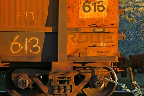 0613 170513 8663
Robe River ore waggon 613, built by Tomlinson Steel WA, rotary coupler end and plate view, Cape Lambert yard, May 13, 2017.
Keywords: 613;Tomlinson-Steel-WA;Robe-ore-waggon;