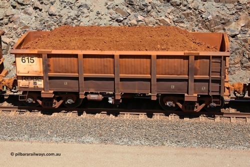 0615 160306 1538
Robe River ore waggon 615, built by Tomlinson Steel WA, fixed coupler non-handbrake side loaded view, at the 45 km, Harding Siding on the Cape Lambert line. March 6, 2016.
Keywords: 615;Tomlinson-Steel-WA;Robe-ore-waggon;