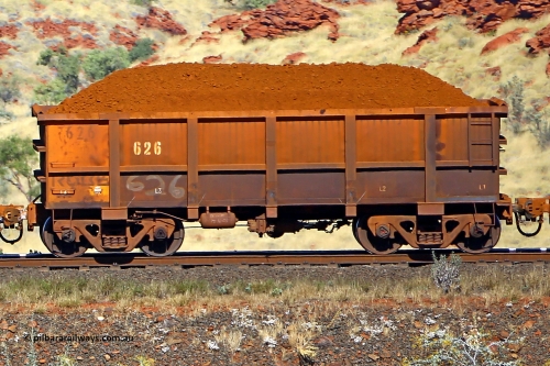 0626 170728 09925
Robe River ore waggon 626, built by Tomlinson Steel WA, non-handbrake side loaded view at the 72 km, Western Creek on the Deepdale line. July 28, 2017.
Keywords: 626;Tomlinson-Steel-WA;Robe-ore-waggon;