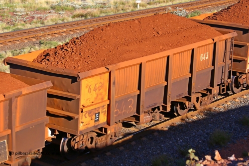 0643 210322 9712
Robe River ore waggon 643, built by Tomlinson Steel WA, rotary coupler end non-handbrake side loaded view at the 17 km on the Cape Lambert line, March 22, 2021.
Keywords: 643;Tomlinson-Steel-WA;Robe-ore-waggon;