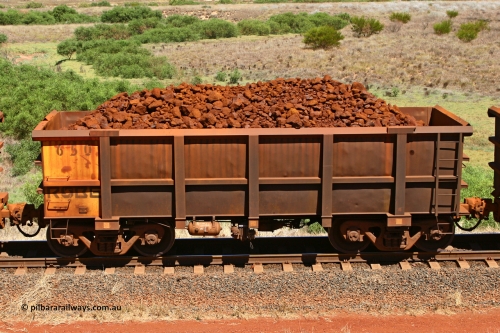 0650 061209 8183
Robe River ore waggon 650, built by Tomlinson Steel WA, non-handbrake side loaded view at the 7 km location just south of Cape Lambert yard. December 9, 2006.
Keywords: 650;Tomlinson-Steel-WA;Robe-ore-waggon;
