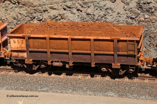 0653 160306 1643
Robe River ore waggon 653, built by Tomlinson Steel WA, fixed coupler non-handbrake side loaded view, at the 45 km, Harding Siding on the Cape Lambert line. March 6, 2016.
Keywords: 653;Tomlinson-Steel-WA;Robe-ore-waggon;