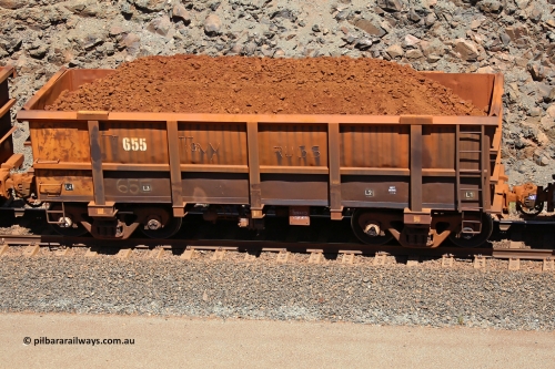 0655 160306 1530
Robe River ore waggon 655, built by Tomlinson Steel WA, fixed coupler non-handbrake side loaded view, at the 45 km, Harding Siding on the Cape Lambert line. March 6, 2016.
Keywords: 655;Tomlinson-Steel-WA;Robe-ore-waggon;
