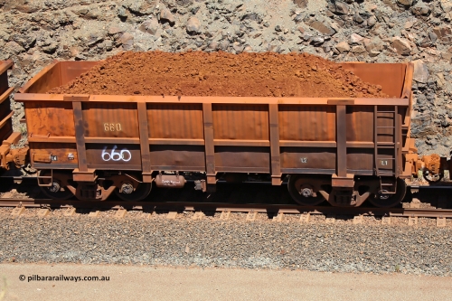 0660 160306 1528
Robe River ore waggon 660, built by Tomlinson Steel WA, fixed coupler non-handbrake side loaded view, at the 45 km, Harding Siding on the Cape Lambert line. March 6, 2016.
Keywords: 660;Tomlinson-Steel-WA;Robe-ore-waggon;