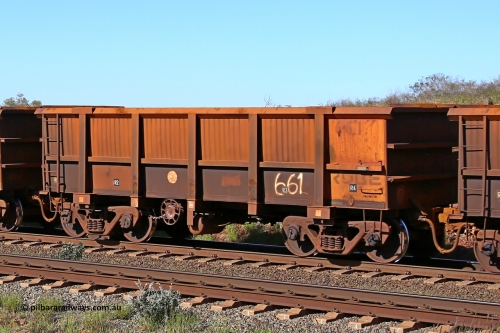 0661 160727 0970
Robe River ore waggon 661, built by Tomlinson Steel WA, rotary coupler end handbrake side empty view at Harding Siding on the Cape Lambert line, July 27, 2016.
Keywords: 661;Tomlinson-Steel-WA;Robe-ore-waggon;