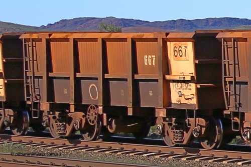 0667 160727 0964
Robe River ore waggon 667, built by Tomlinson Steel WA, rotary coupler end handbrake side empty view at Harding Siding on the Cape Lambert line, July 27, 2016.
Keywords: 667;Tomlinson-Steel-WA;Robe-ore-waggon;