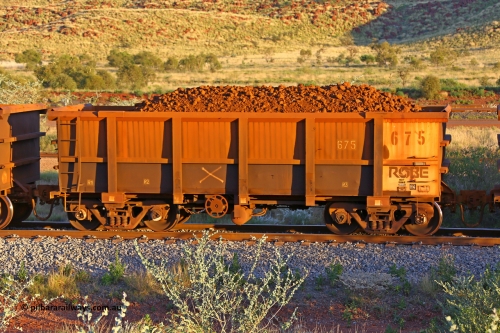 0675 170513 8709
Robe River ore waggon 675, built by Tomlinson Steel WA, rotary coupler end handbrake side loaded view, Cape Lambert yard, May 13, 2017.
Keywords: 675;Tomlinson-Steel-WA;Robe-ore-waggon;