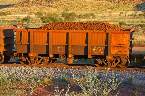 0691 170513 8690
Robe River ore waggon 691, built by Tomlinson Steel WA, rotary coupler end handbrake side loaded view, Cape Lambert yard, May 13, 2017.
Keywords: 691;Tomlinson-Steel-WA;Robe-ore-waggon;