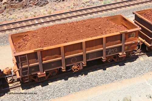 0703 160306 1458
Robe River ore waggon 703, built by Tomlinson Steel WA, fixed coupler handbrake side loaded view, at the 45 km, Harding Siding on the Cape Lambert line. March 6, 2016.
Keywords: 703;Tomlinson-Steel-WA;Robe-ore-waggon;