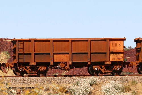 0708 060722 7448
Robe River ore waggon 708, built by Tomlinson Steel WA, handbrake side empty view at the 45.4 km just south of Harding Siding on the Cape Lambert line. July 22, 2006.
Keywords: 708;Tomlinson-Steel-WA;Robe-ore-waggon;