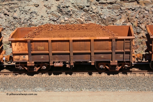 0709 160306 1513
Robe River ore waggon 709, built by Tomlinson Steel WA, fixed coupler non-handbrake side loaded view, at the 45 km, Harding Siding on the Cape Lambert line. March 6, 2016.
Keywords: 709;Tomlinson-Steel-WA;Robe-ore-waggon;