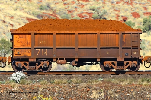0711 170728 09921
Robe River ore waggon 711, built by Tomlinson Steel WA, non-handbrake side loaded view at the 72 km, Western Creek on the Deepdale line. July 28, 2017.
Keywords: 711;Tomlinson-Steel-WA;Robe-ore-waggon;