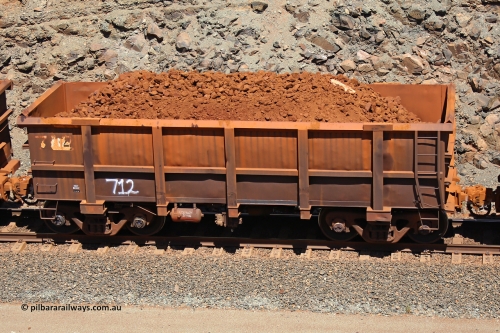 0712 160306 1519
Robe River ore waggon 711, built by Tomlinson Steel WA, fixed coupler non-handbrake side loaded view, at the 45 km, Harding Siding on the Cape Lambert line. March 6, 2016.
Keywords: 712;Tomlinson-Steel-WA;Robe-ore-waggon;