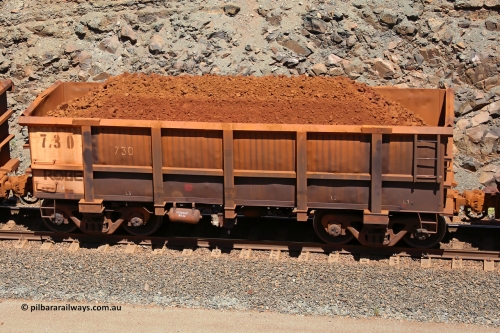 0730 160306 1583
Robe River ore waggon 730, built by Tomlinson Steel WA, fixed coupler non-handbrake side loaded view, at the 45 km, Harding Siding on the Cape Lambert line. March 6, 2016.
Keywords: 730;Tomlinson-Steel-WA;Robe-ore-waggon;