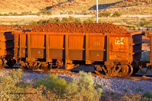 0734 170513 8628
Robe River ore waggon 734, built by Tomlinson Steel WA, rotary coupler end handbrake side loaded view, Cape Lambert yard, May 13, 2017.
Keywords: 734;Tomlinson-Steel-WA;Robe-ore-waggon;