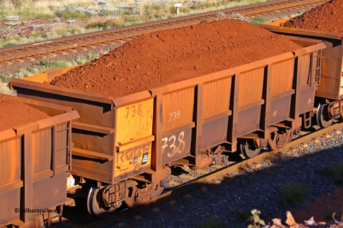 0738 210322 9717
Robe River ore waggon 738, built by Tomlinson Steel WA, rotary coupler end non-handbrake side loaded view at the 17 km on the Cape Lambert line, March 22, 2021.
Keywords: 738;Tomlinson-Steel-WA;Robe-ore-waggon;