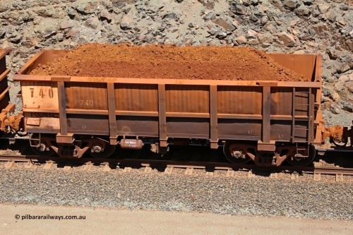 0740 160306 1578
Robe River ore waggon 740, built by Tomlinson Steel WA, fixed coupler non-handbrake side loaded view, at the 45 km, Harding Siding on the Cape Lambert line. March 6, 2016.
Keywords: 740;Tomlinson-Steel-WA;Robe-ore-waggon;