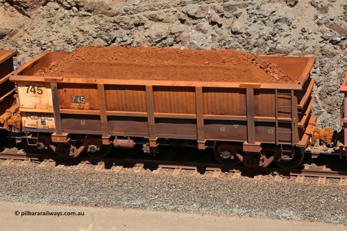 0745 160306 1629
Robe River ore waggon 745, built by Tomlinson Steel WA, fixed coupler non-handbrake side loaded view, stencil says TEST 4, at the 45 km, Harding Siding on the Cape Lambert line. March 6, 2016.
Keywords: 745;Tomlinson-Steel-WA;Robe-ore-waggon;