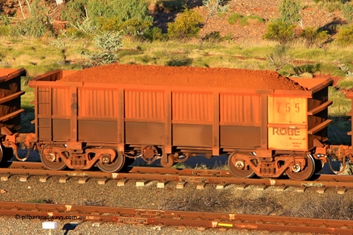 0755 110602 1664
Robe River ore waggon 755, built by Centurion Industries WA, rotary coupler end handbrake side loaded view at the 71 km, Western Creek on the Deepdale line. June 2, 2011.
Keywords: 755;Centurion-Industries-WA;Robe-ore-waggon;