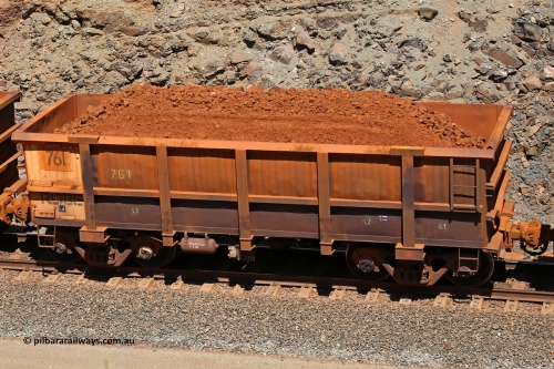 0761 160306 1621
Robe River ore waggon 761, built by Centurion Industries WA, fixed coupler non-handbrake side loaded view, at the 45 km, Harding Siding on the Cape Lambert line. March 6, 2016.
Keywords: 761;Centurion-Industries-WA;Robe-ore-waggon;