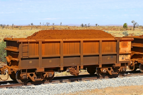 0761 170729 0254
Robe River ore waggon 761, built by Centurion Industries WA, fixed coupler handbrake side loaded view at the 103 km, between Maitland Siding and the Fortescue River on the Deepdale line. July 29, 2017.
Keywords: 761;Centurion-Industries-WA;Robe-ore-waggon;