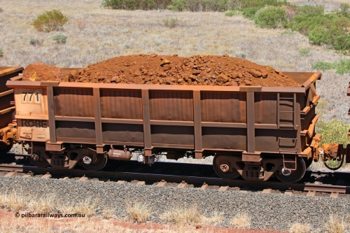 0771 081209 0170
Robe River ore waggon 771, built by Centurion Industries WA, fixed coupler non-handbrake side loaded view at the 7 km location just south of Cape Lambert yard. December 9, 2008.
Keywords: 771;Centurion-Industries-WA;Robe-ore-waggon;