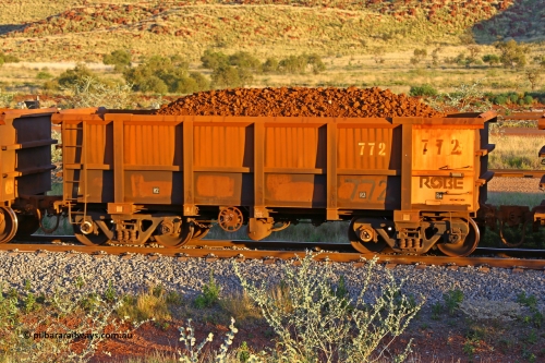 0772 170513 8681
Robe River ore waggon 772, built by Centurion Industries WA, rotary coupler end handbrake side loaded view, Cape Lambert yard, May 13, 2017.
Keywords: 772;Centurion-Industries-WA;Robe-ore-waggon;