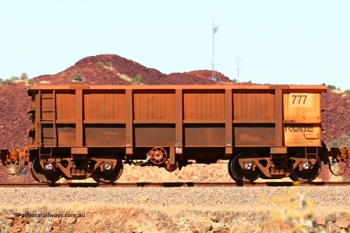 0777 060722 7440
Robe River ore waggon 777, built by Centurion Industries WA, handbrake side empty view at the 45.4 km just south of Harding Siding on the Cape Lambert line. July 22, 2006.
Keywords: 777;Centurion-Industries-WA;Robe-ore-waggon;