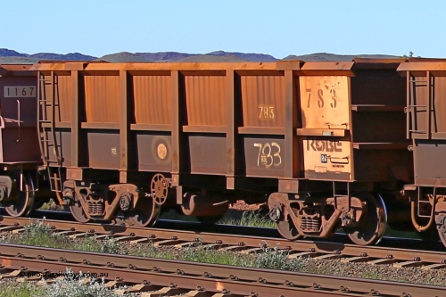 0783 160727 0961
Robe River ore waggon 783, built by Centurion Industries WA, rotary coupler end handbrake side empty view at Harding Siding on the Cape Lambert line, July 27, 2016.
Keywords: 783;Centurion-Industries-WA;Robe-ore-waggon;