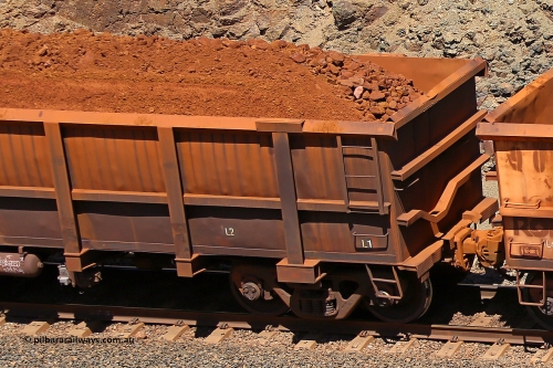 0786 160306 1640
Robe River ore waggon 786, built by Centurion Industries WA, fixed coupler non-handbrake side loaded view, shows drop rib detail, at the 45 km, Harding Siding on the Cape Lambert line. March 6, 2016.
Keywords: 786;Centurion-Industries-WA;Robe-ore-waggon;