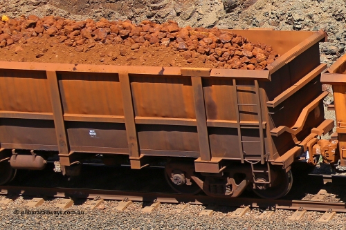 0787 160306 1664
Robe River ore waggon 787, built by Centurion Industries WA, fixed coupler non-handbrake side loaded view, shows drop rib detail, at the 45 km, Harding Siding on the Cape Lambert line. March 6, 2016.
Keywords: 787;Centurion-Industries-WA;Robe-ore-waggon;
