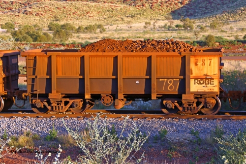 0787 170513 8737
Robe River ore waggon 787, built by Centurion Industries WA, rotary coupler end handbrake side loaded view, Cape Lambert yard, May 13, 2017.
Keywords: 787;Centurion-Industries-WA;Robe-ore-waggon;