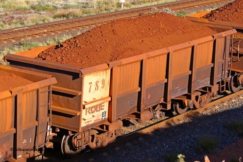 0789 210322 9795
Robe River ore waggon 789, built by Centurion Industries  WA, rotary coupler end non-handbrake side loaded view at the 17 km on the Cape Lambert line, March 22, 2021.
Keywords: 789;Centurion-Industries-WA;Robe-ore-waggon;