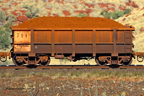 0794 170728 09941
Robe River ore waggon 794, built by Centurion Industries WA, non-handbrake side loaded view at the 72 km, Western Creek on the Deepdale line. July 28, 2017.
Keywords: 794;Centurion-Industries-WA;Robe-ore-waggon;