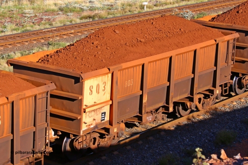 0803 210322 9713
Robe River ore waggon 803, built by Centurion Industries  WA, rotary coupler end non-handbrake side loaded view at the 17 km on the Cape Lambert line, March 22, 2021.
Keywords: 803;Centurion-Industries-WA;Robe-ore-waggon;