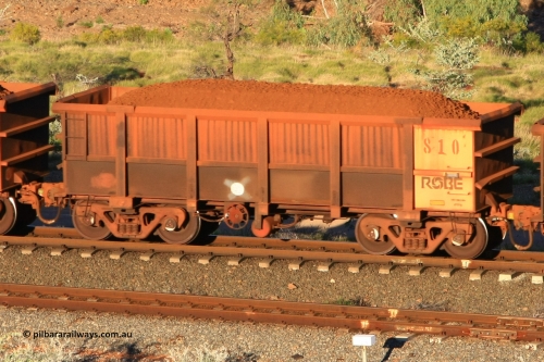 0810 110602 1612
Robe River ore waggon 810, built by Centurion Industries WA, rotary coupler end handbrake side loaded view at the 71 km, Western Creek on the Deepdale line. June 2, 2011.
Keywords: 810;Centurion-Industries-WA;Robe-ore-waggon;