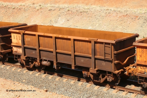 0811 160306 1242
Robe River ore waggon 811, built by Centurion Industries WA, fixed coupler non-handbrake side empty view at Greenpool on the Cape Lambert line. March 6, 2016.
Keywords: 811;Centurion-Industries-WA;Robe-ore-waggon;