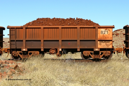 0821 060722 7492
Robe River ore waggon 821, built by Centurion Industries WA, handbrake side loaded view at the 78.8 km between Western Creek and Maitland on the Deepdale line. July 22, 2006.
Keywords: 821;Centurion-Industries-WA;Robe-ore-waggon;