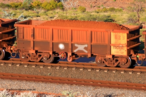 0825 110602 1732
Robe River ore waggon 825, built by Centurion Industries WA, rotary coupler end handbrake side loaded view at the 71 km, Western Creek on the Deepdale line. June 2, 2011.
Keywords: 825;Centurion-Industries-WA;Robe-ore-waggon;