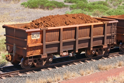0828 081209 0173
Robe River ore waggon 828, built by Centurion Industries WA, rotary coupler end non-handbrake side loaded end of train view at the 7 km location just south of Cape Lambert yard. December 9, 2008.
Keywords: 828;Centurion-Industries-WA;Robe-ore-waggon;